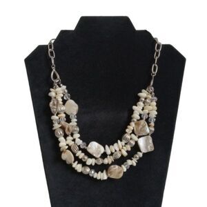 Silver Tone and Off White Mother Of Pearl Assorted Beads Triple Strand Necklace